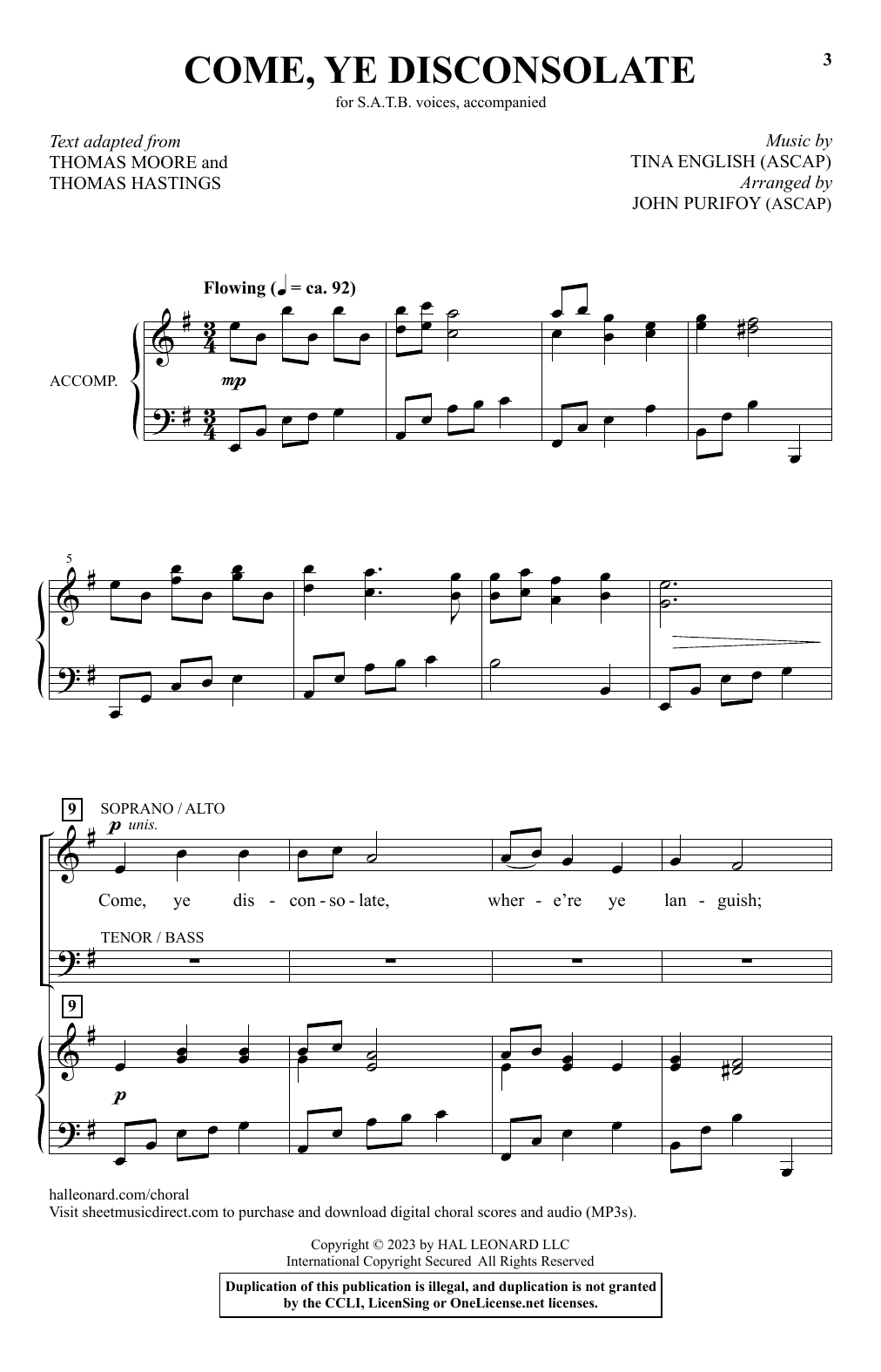 Tina English Come, Ye Disconsolate (arr. John Purifoy) sheet music notes and chords arranged for SATB Choir