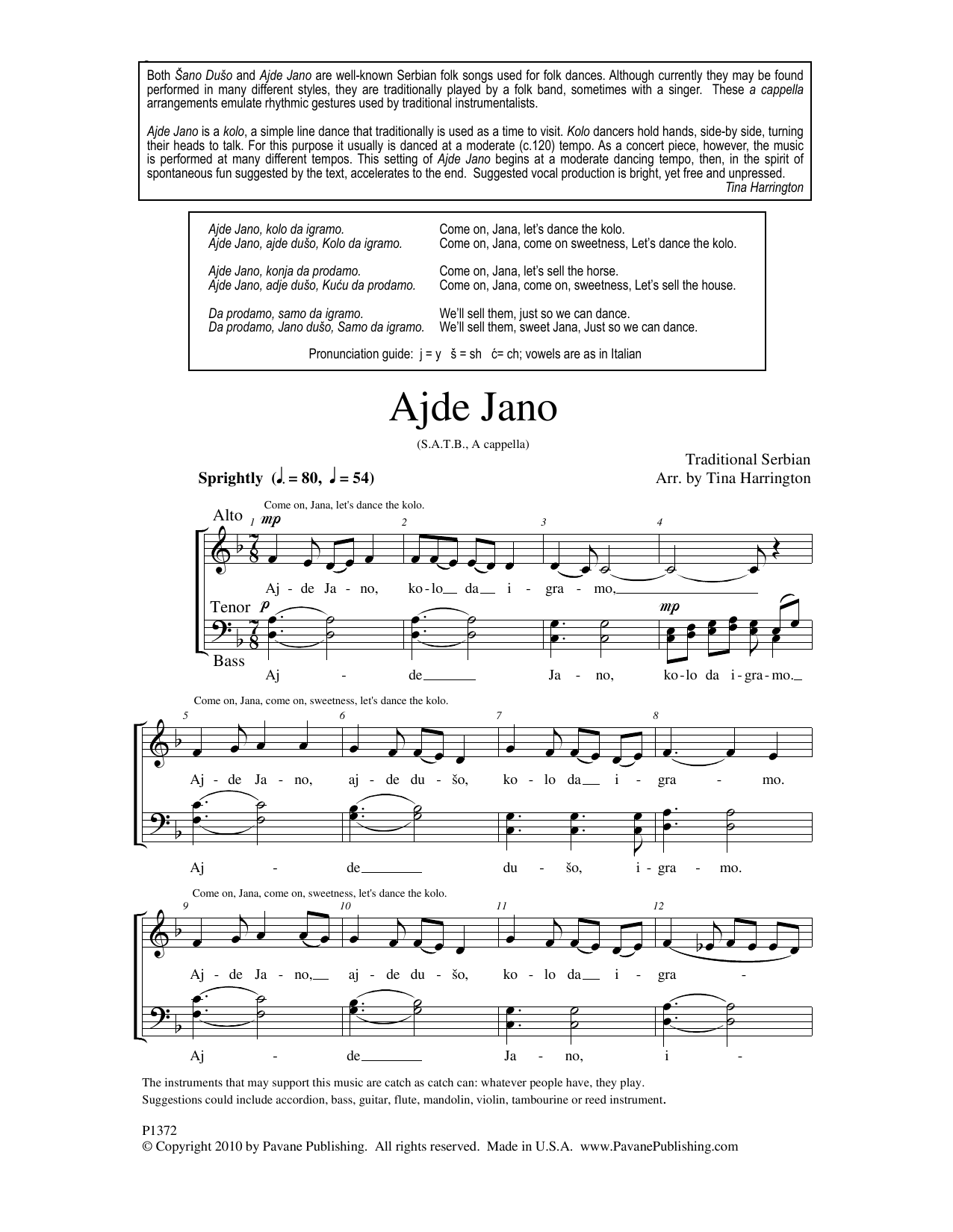 Tina Harrington Ajde Jano sheet music notes and chords arranged for SATB Choir