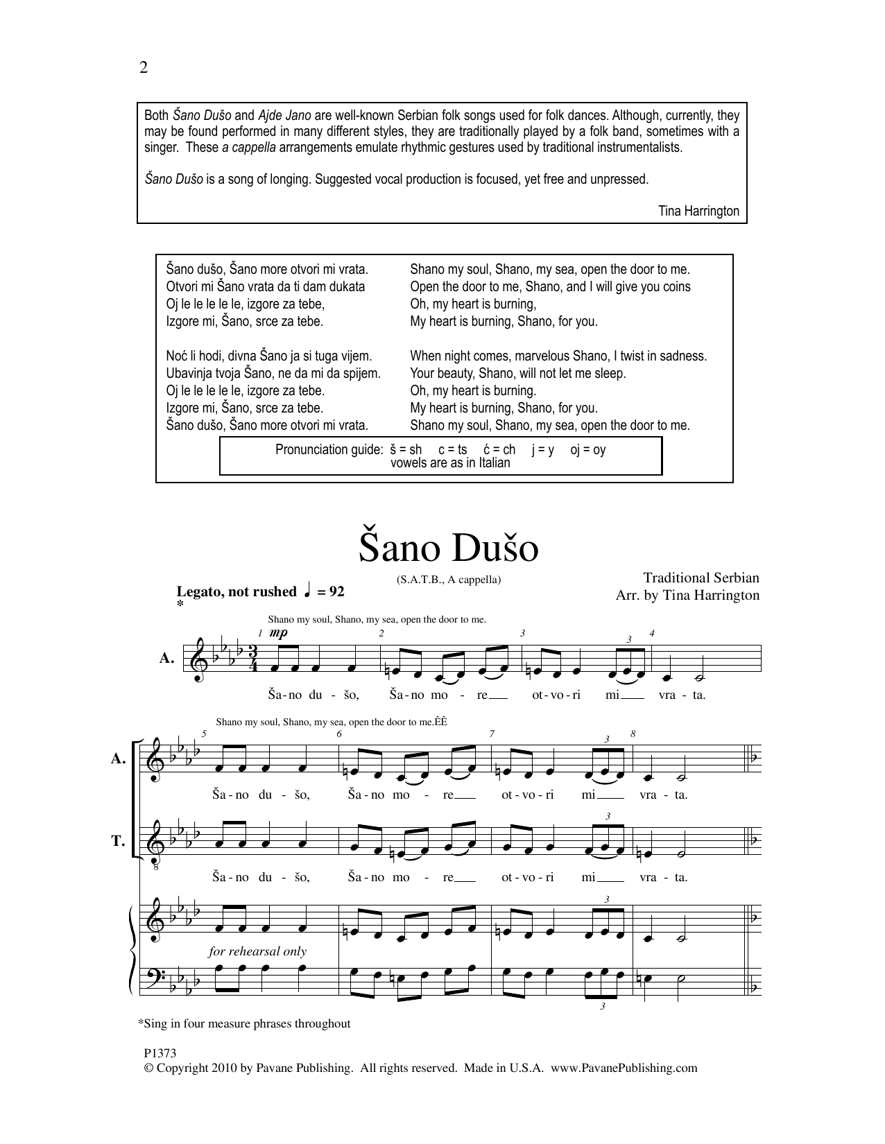 Tina Harrington Sano Duso sheet music notes and chords arranged for SATB Choir