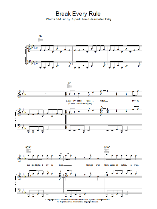 Tina Turner Break Every Rule sheet music notes and chords arranged for Piano, Vocal & Guitar Chords