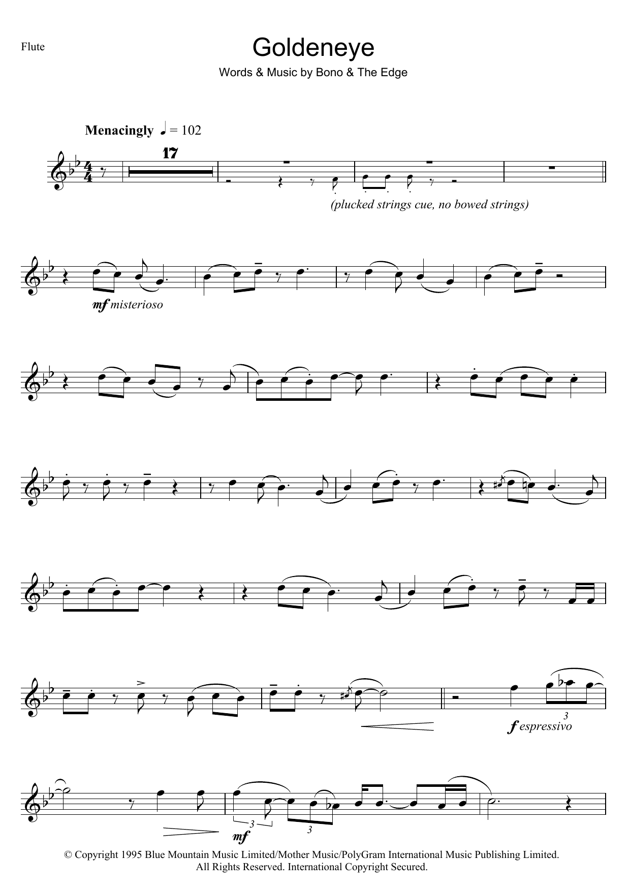 Tina Turner GoldenEye sheet music notes and chords arranged for Flute Solo