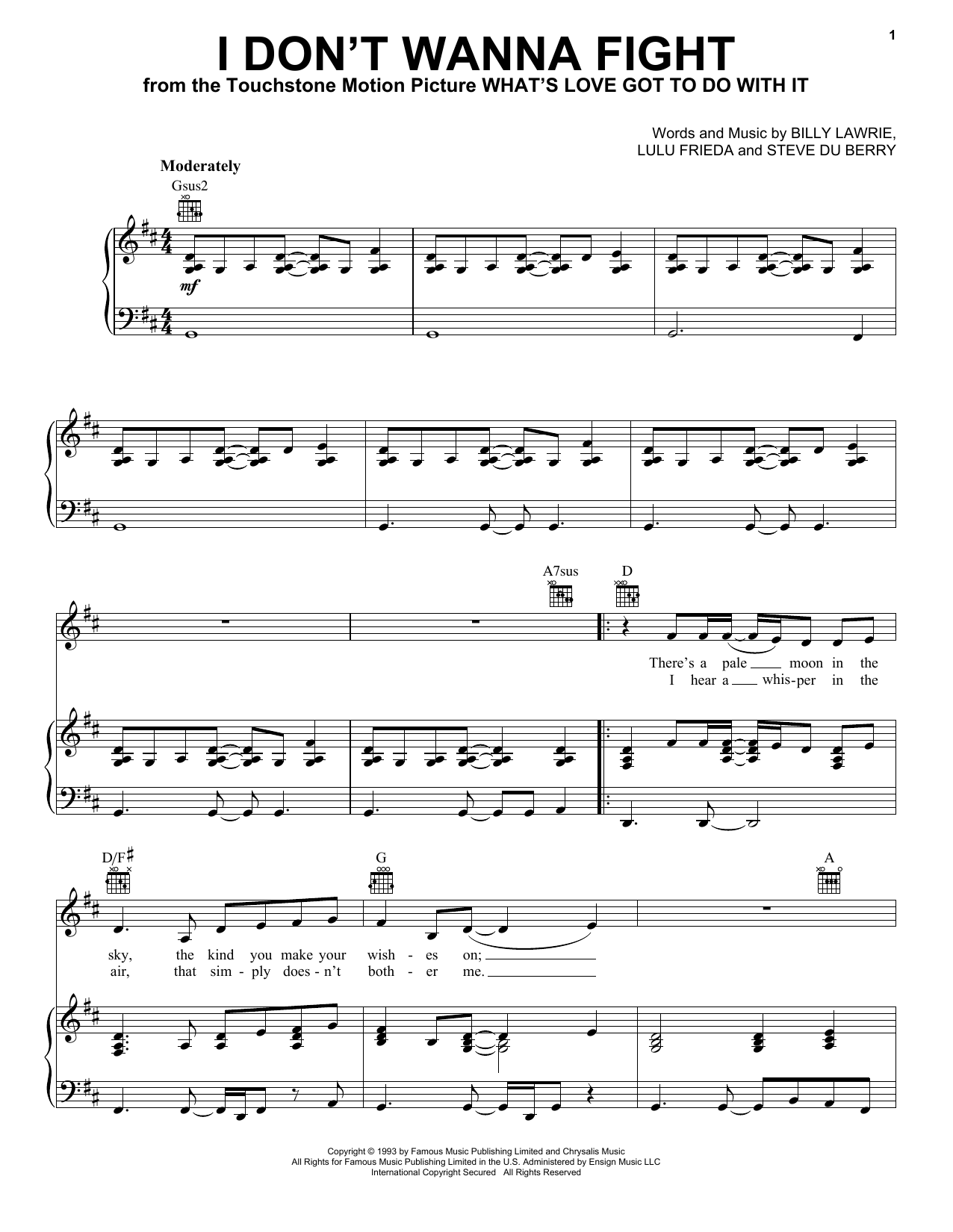 Tina Turner I Don't Wanna Fight sheet music notes and chords arranged for Easy Guitar