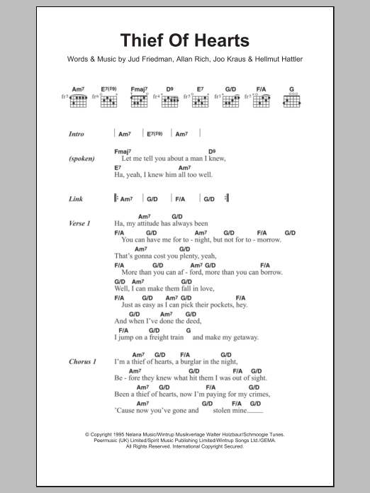 Tina Turner Thief Of Hearts sheet music notes and chords arranged for Guitar Chords/Lyrics