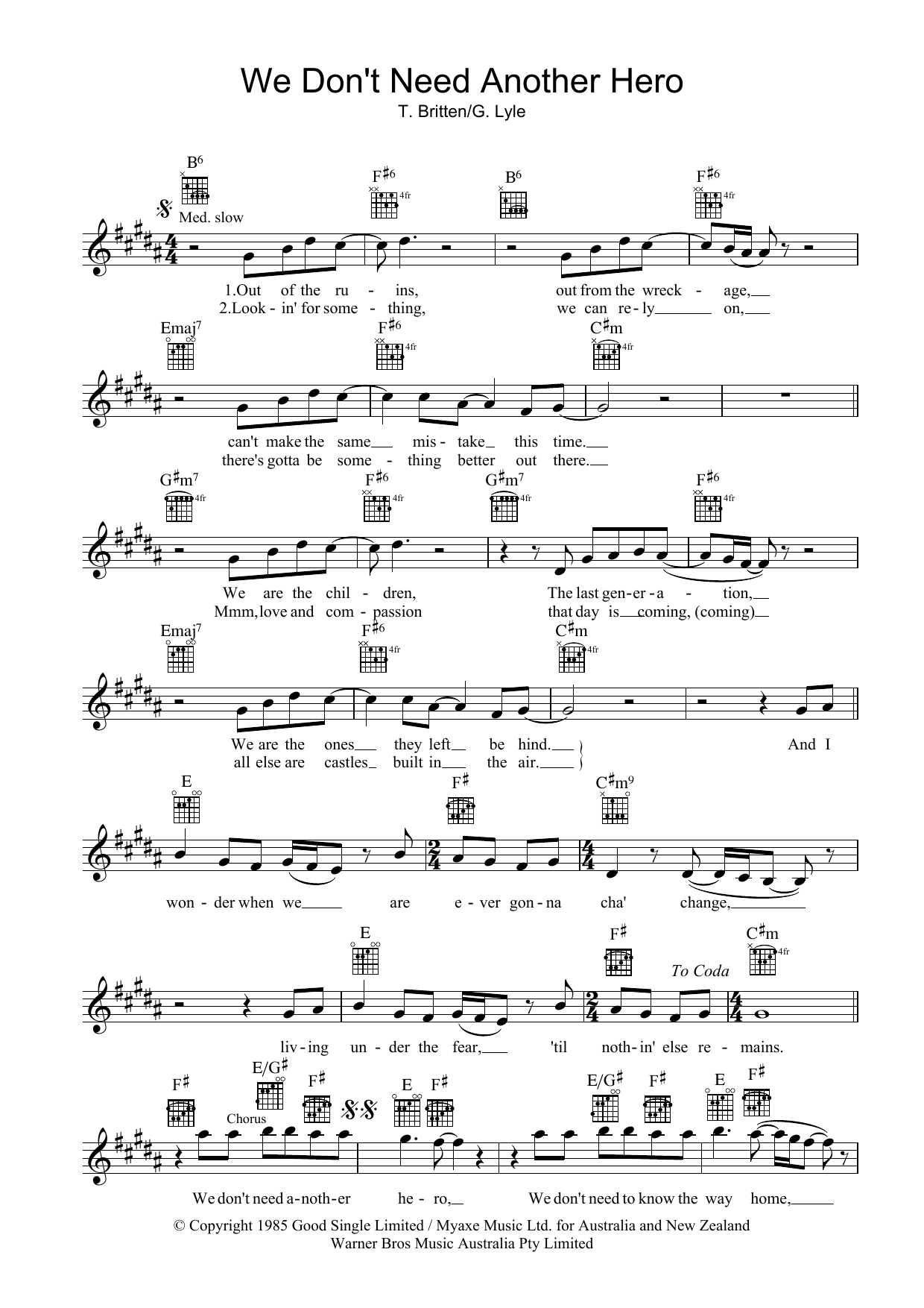 Tina Turner We Don't Need Another Hero sheet music notes and chords arranged for Piano, Vocal & Guitar Chords (Right-Hand Melody)