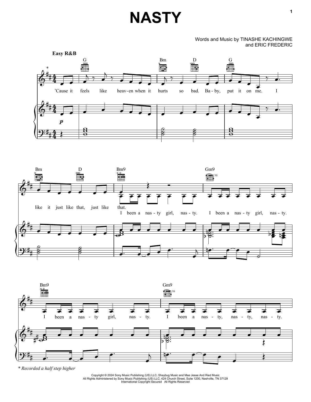Tinashe Nasty sheet music notes and chords arranged for Piano, Vocal & Guitar Chords (Right-Hand Melody)