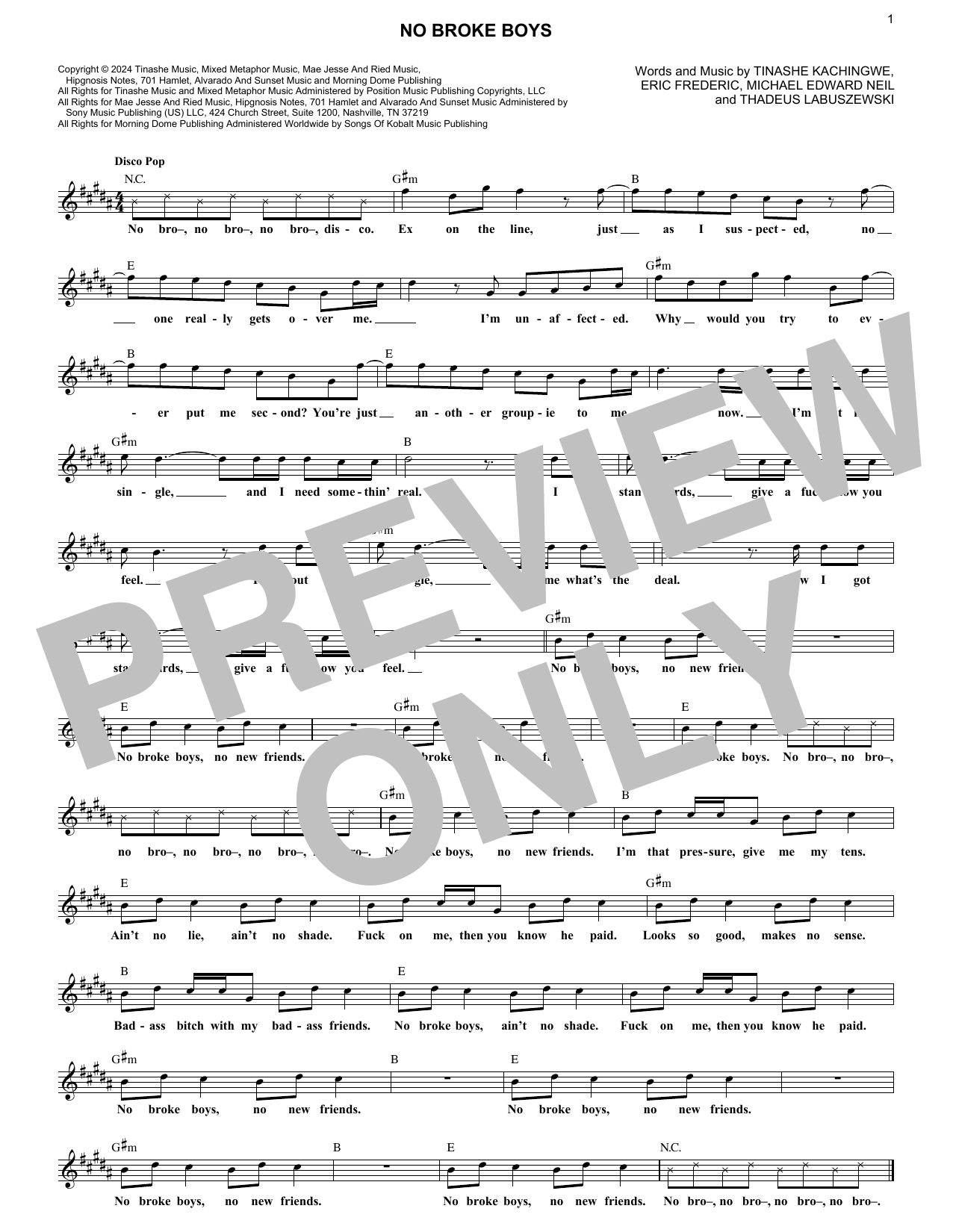 Tinashe No Broke Boys (Disco Lines Remix) sheet music notes and chords arranged for Lead Sheet / Fake Book