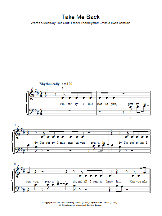 Tinchy Stryder Take Me Back (feat. Taio Cruz) sheet music notes and chords arranged for Easy Piano