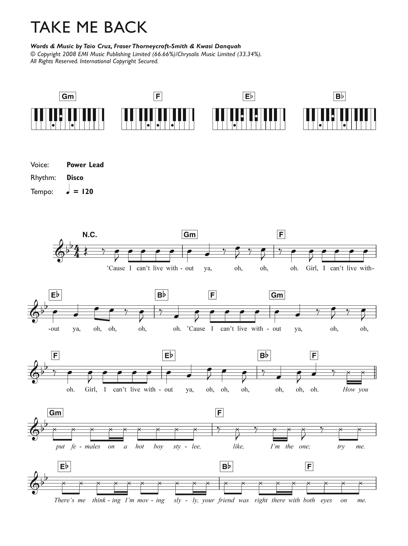 Tinchy Stryder Take Me Back (featuring Taio Cruz) sheet music notes and chords arranged for Piano Chords/Lyrics
