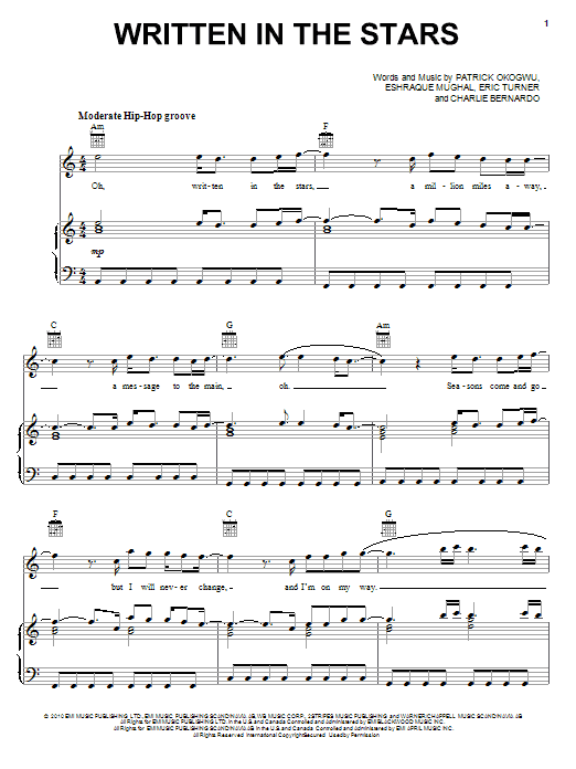 Tinie Tempah featuring Eric Turner Written In The Stars sheet music notes and chords arranged for Piano, Vocal & Guitar Chords (Right-Hand Melody)