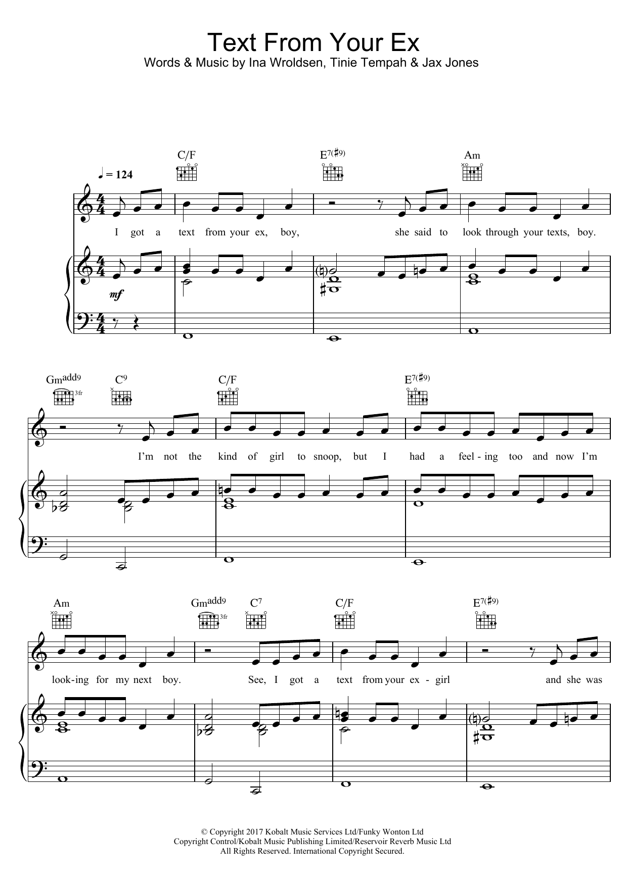 Tinie Tempah Text From Your Ex (featuring Tinashe) sheet music notes and chords arranged for Piano, Vocal & Guitar Chords