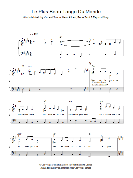 Tino Rossi Le Plus Beau Tango Du Monde sheet music notes and chords arranged for Easy Piano