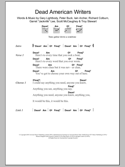 Tired Pony Dead American Writers sheet music notes and chords arranged for Guitar Chords/Lyrics