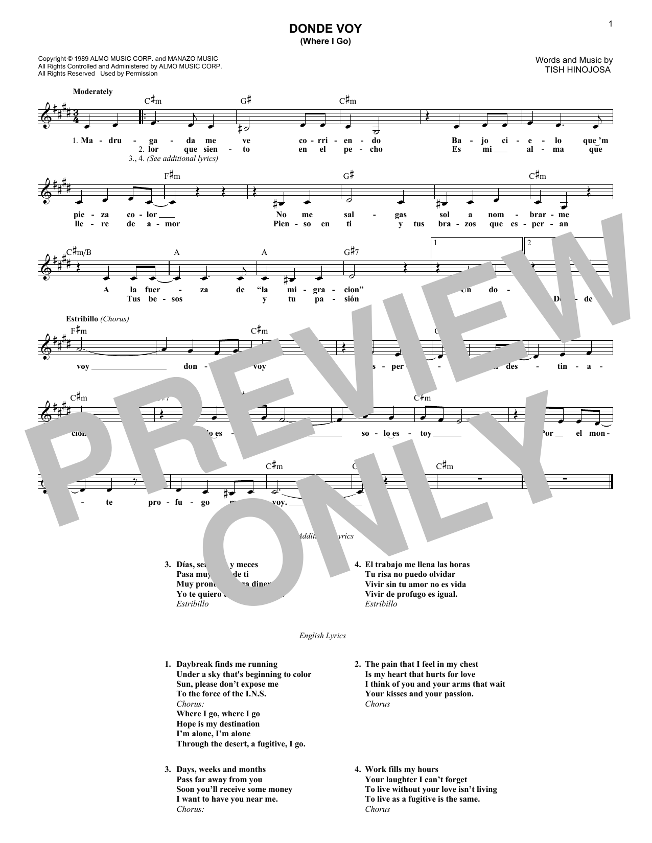 Tish Hinojosa Donde Voy (Where I Go) sheet music notes and chords arranged for Lead Sheet / Fake Book