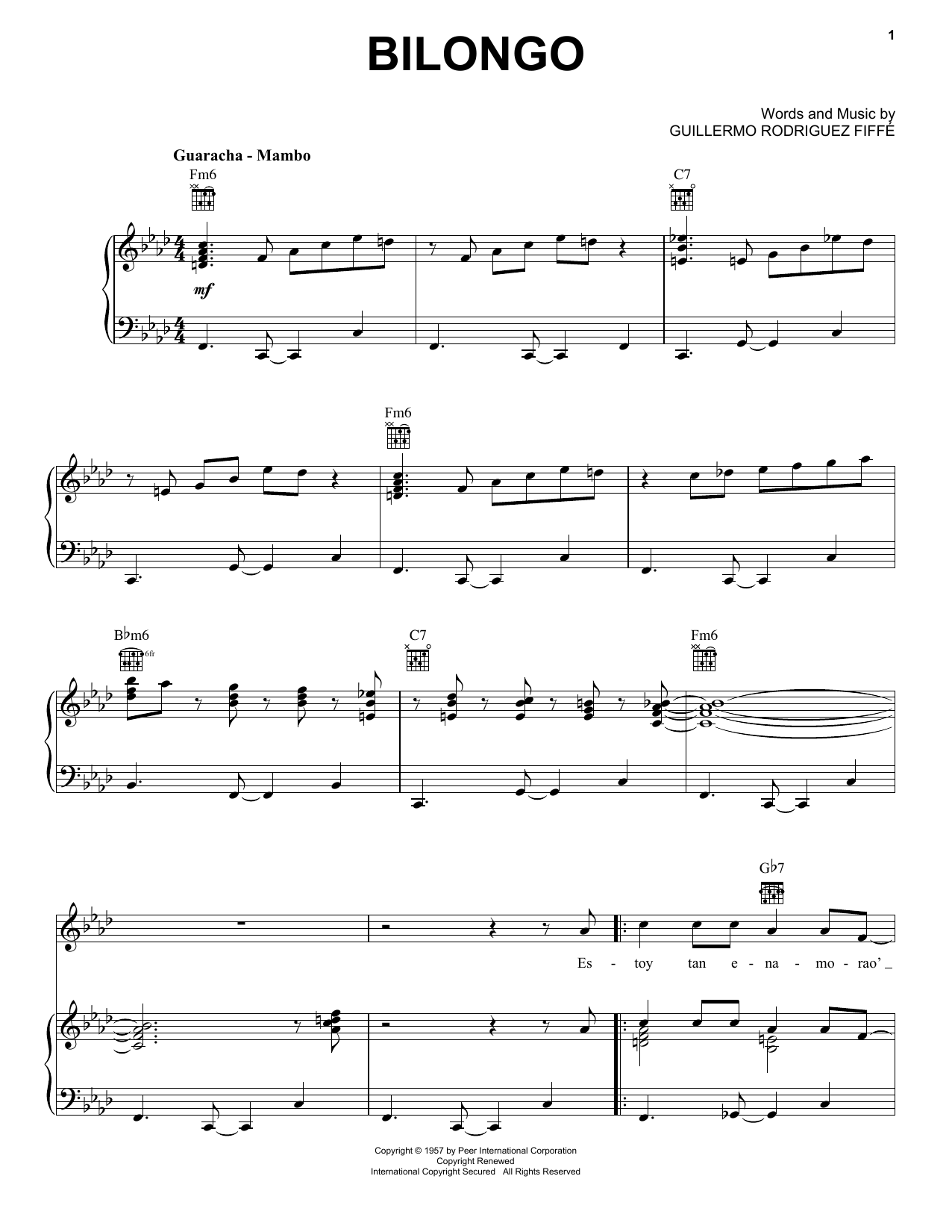 Tito Rodriguez Bilongo sheet music notes and chords arranged for Piano, Vocal & Guitar Chords (Right-Hand Melody)