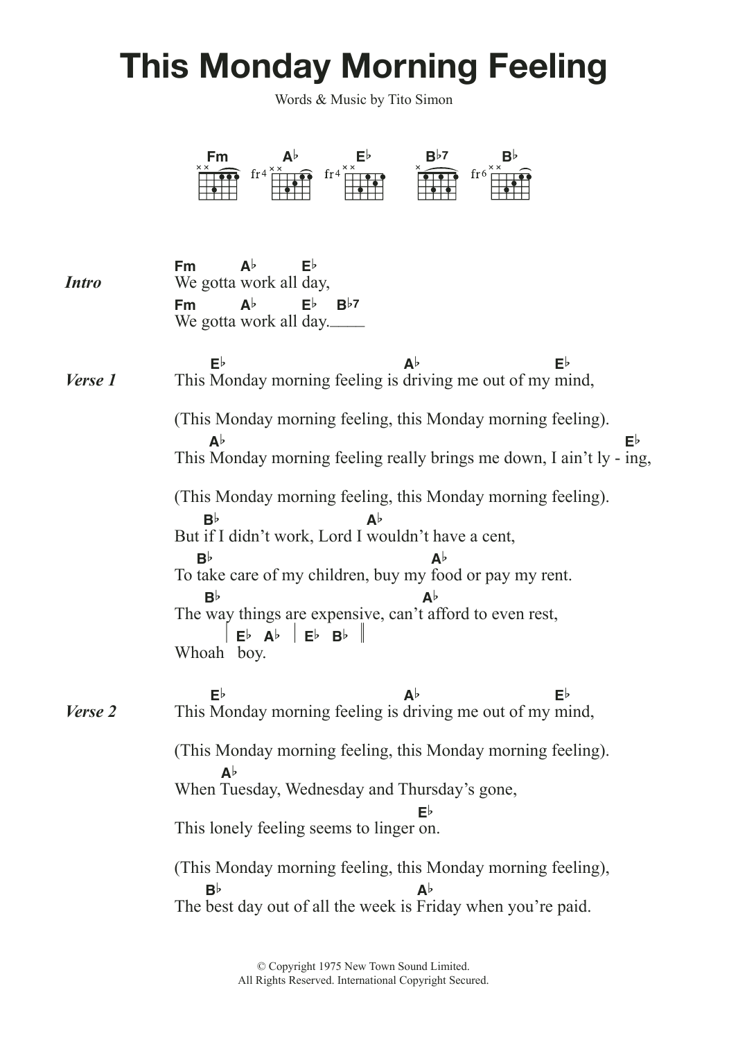 Tito Simon This Monday Morning Feeling sheet music notes and chords arranged for Guitar Chords/Lyrics