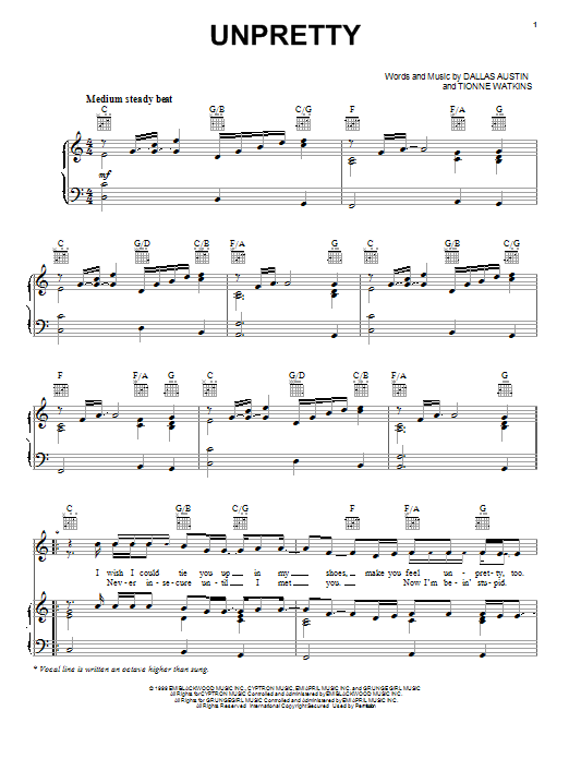 TLC Unpretty sheet music notes and chords arranged for Piano, Vocal & Guitar Chords (Right-Hand Melody)