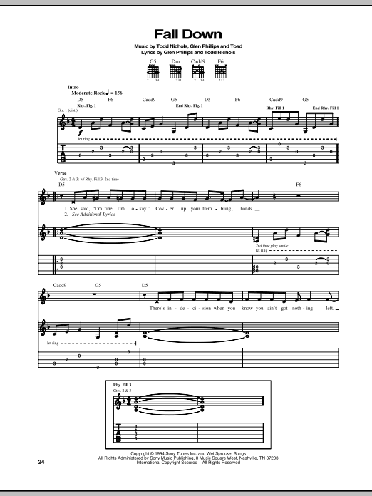 Toad The Wet Sprocket Fall Down sheet music notes and chords arranged for Guitar Tab