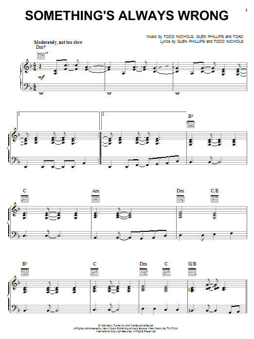 Toad The Wet Sprocket Something's Always Wrong sheet music notes and chords arranged for Piano, Vocal & Guitar Chords (Right-Hand Melody)