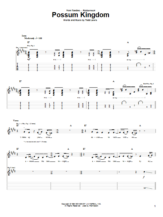 Toadies Possum Kingdom sheet music notes and chords arranged for Guitar Tab