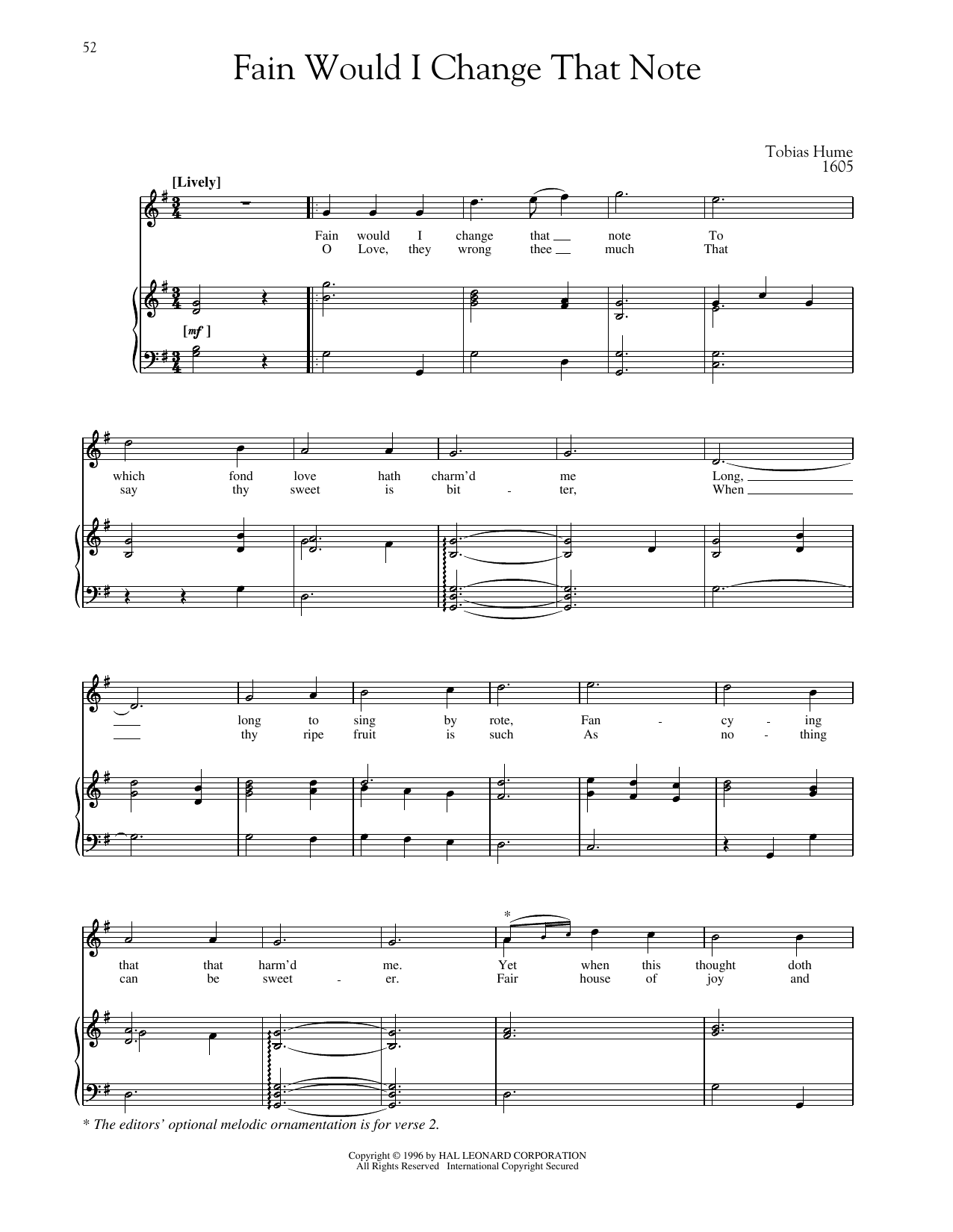 Tobias Hume Fain Would I Change That Note sheet music notes and chords arranged for Piano & Vocal