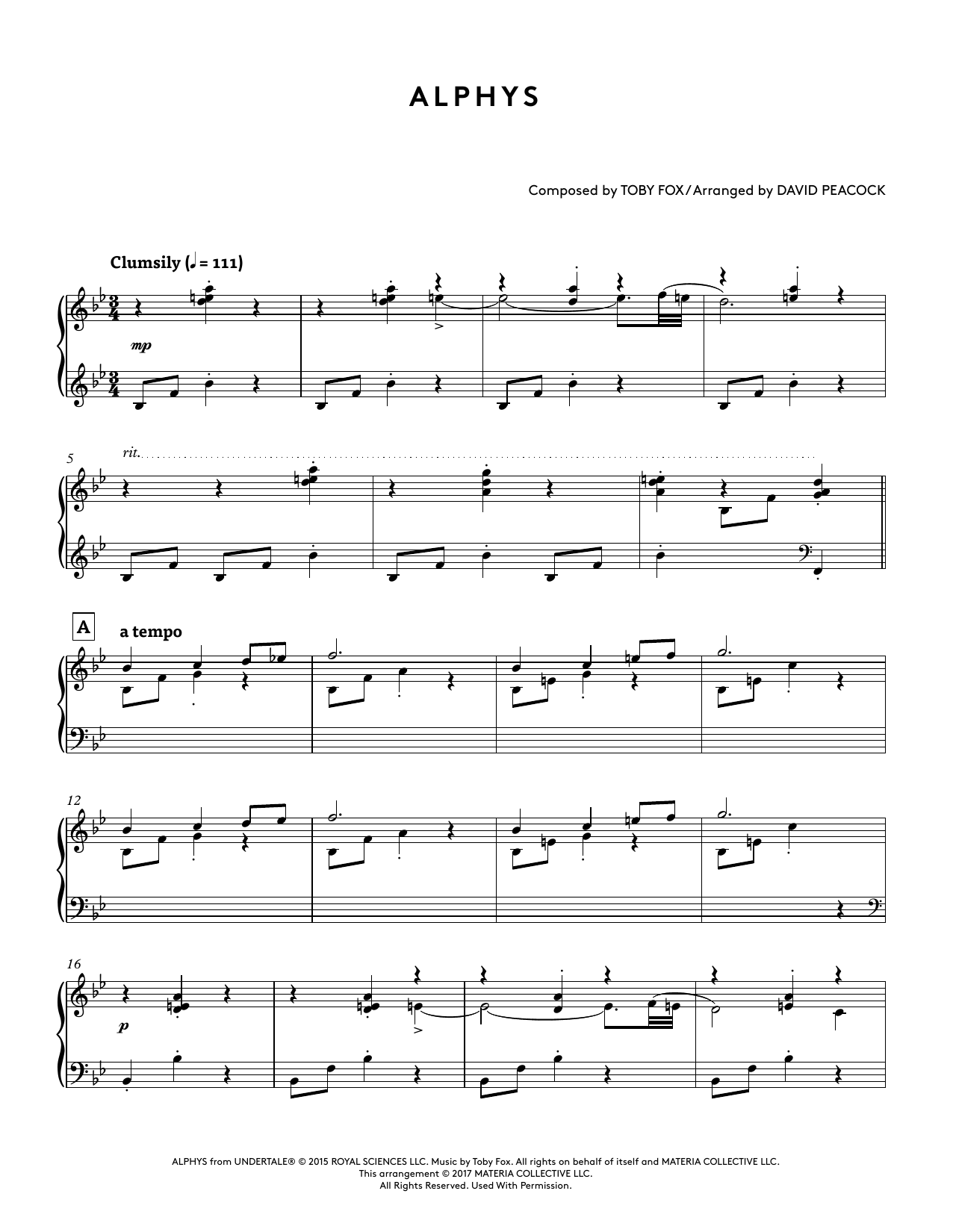 Toby Fox Alphys (from Undertale Piano Collections) (arr. David Peacock) sheet music notes and chords arranged for Piano Solo