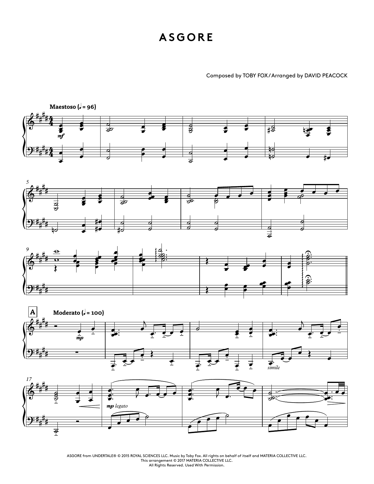 Toby Fox Asgore (from Undertale Piano Collections) (arr. David Peacock) sheet music notes and chords arranged for Piano Solo