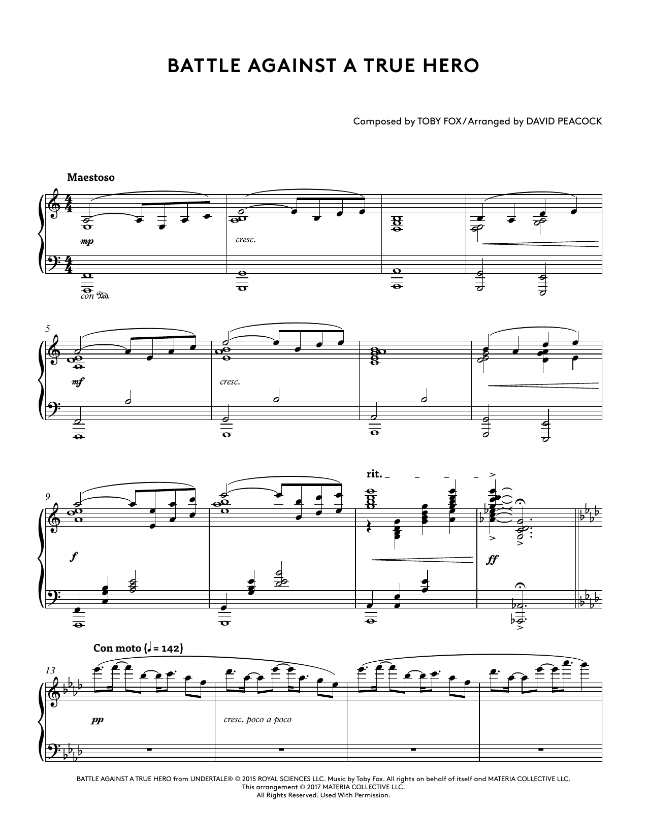 Toby Fox Battle Against A True Hero (from Undertale Piano Collections 2) (arr. David Peacock) sheet music notes and chords arranged for Piano Solo