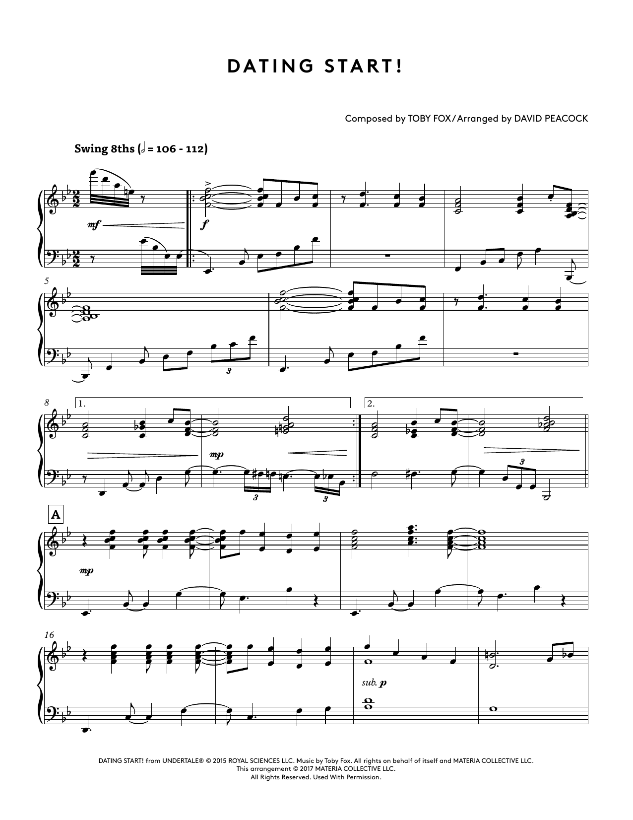 Toby Fox Dating Start! (from Undertale Piano Collections 2) (arr. David Peacock) sheet music notes and chords arranged for Piano Solo