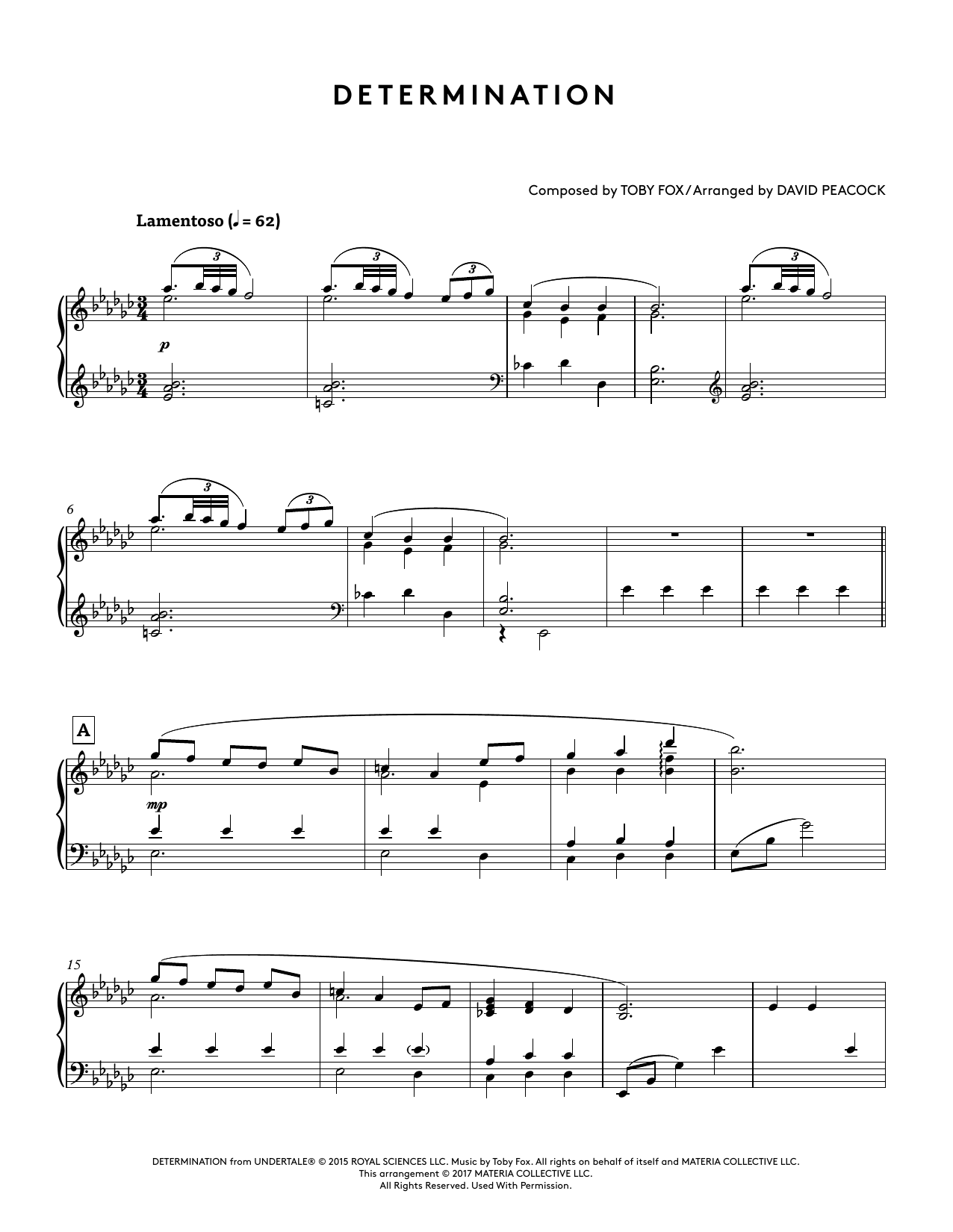 Toby Fox Determination (from Undertale Piano Collections) (arr. David Peacock) sheet music notes and chords arranged for Piano Solo