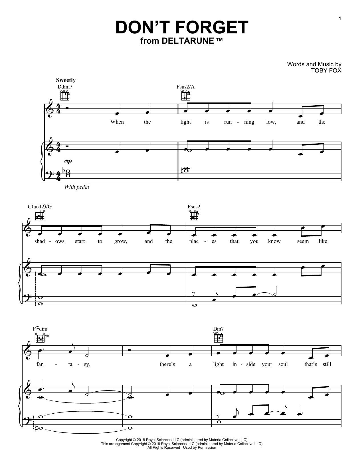 Toby Fox Don't Forget (from Deltarune) sheet music notes and chords arranged for Easy Guitar Tab