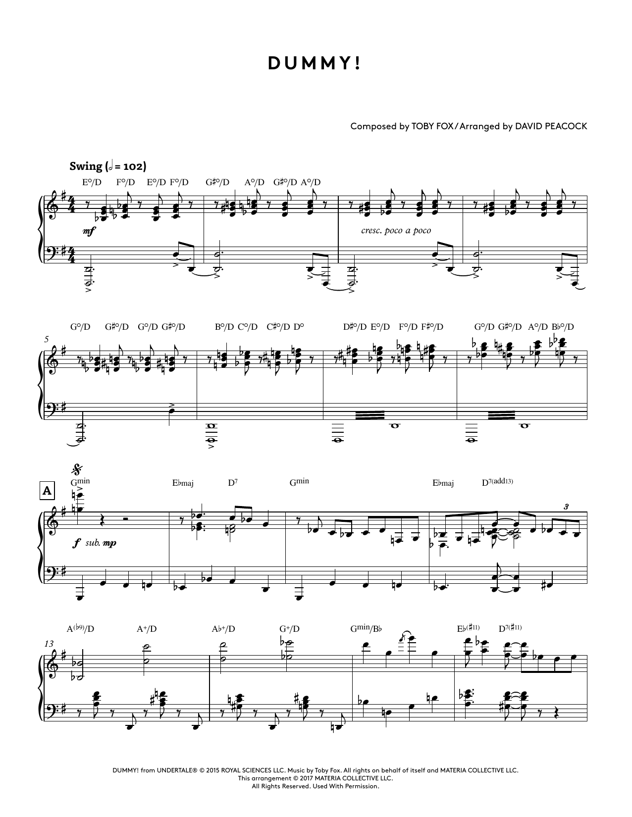 Toby Fox Dummy! (from Undertale Piano Collections) (arr. David Peacock) sheet music notes and chords arranged for Piano Solo
