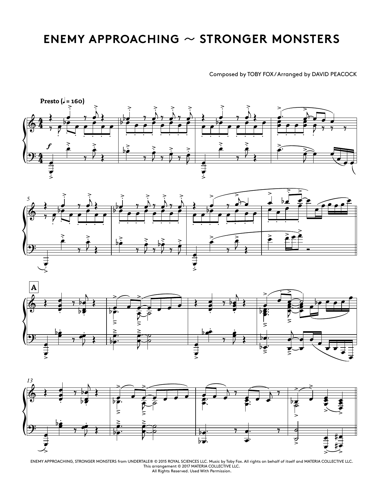 Toby Fox Enemy Approaching - Stronger Monsters (from Undertale Piano Collections 2) (arr. David Peacock) sheet music notes and chords arranged for Piano Solo