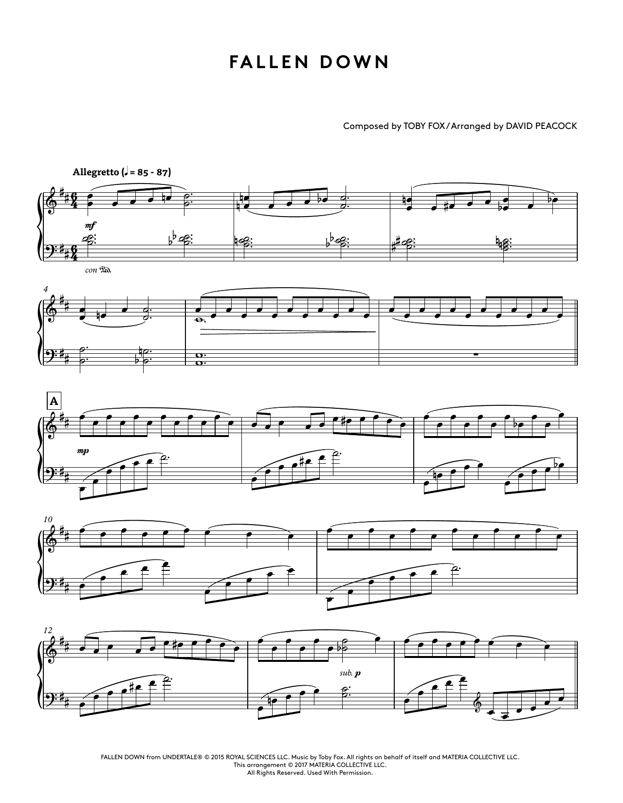 Toby Fox Fallen Down (from Undertale Piano Collections) (arr. David Peacock) sheet music notes and chords arranged for Piano Solo