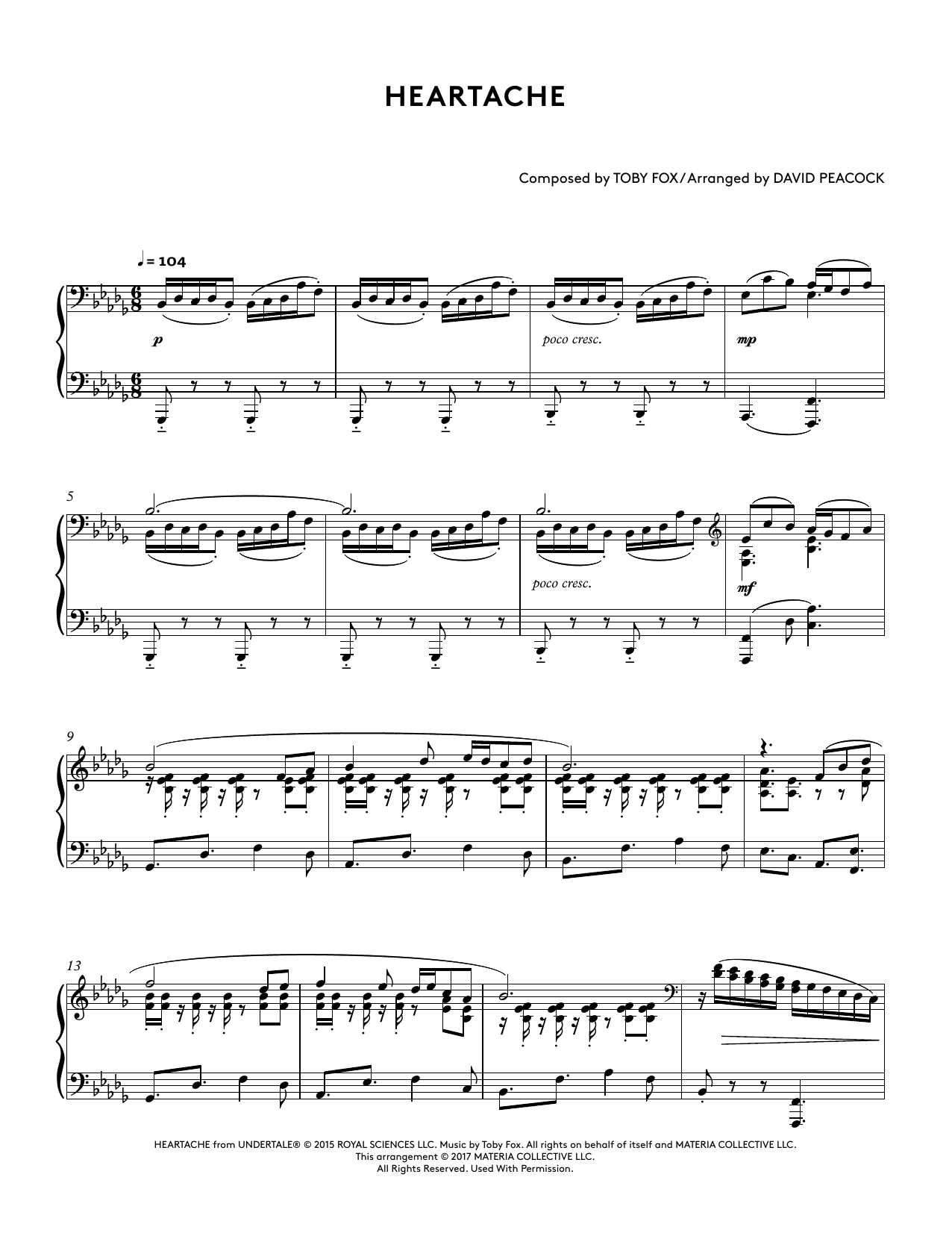 Toby Fox Heartache (from Undertale Piano Collections 2) (arr. David Peacock) sheet music notes and chords arranged for Piano Solo