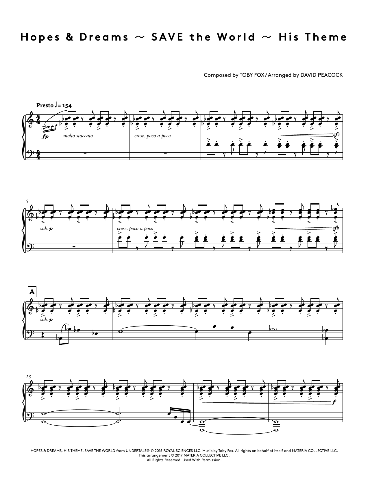 Toby Fox Hopes & Dreams - SAVE The World - His Theme (from Undertale Piano Collections) (arr. David Peacock) sheet music notes and chords arranged for Piano Solo