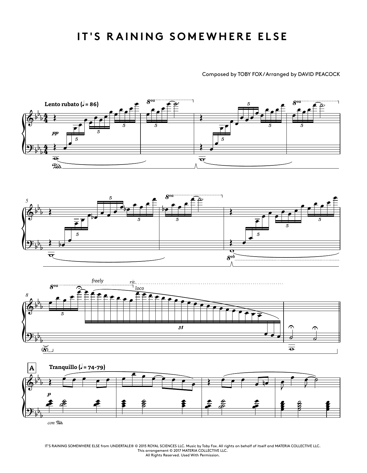 Toby Fox It's Raining Somewhere Else (from Undertale Piano Collections) (arr. David Peacock) sheet music notes and chords arranged for Piano Solo