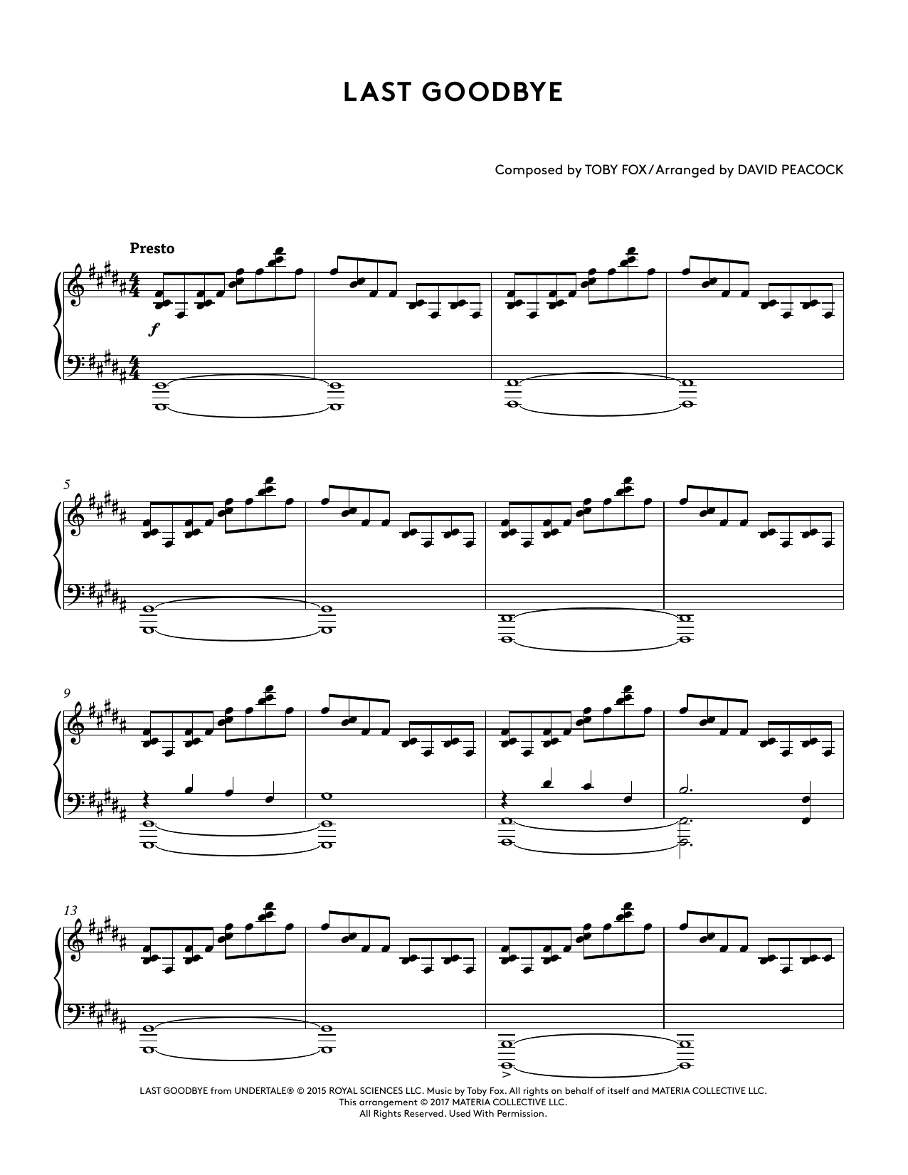 Toby Fox Last Goodbye (from Undertale Piano Collections 2) (arr. David Peacock) sheet music notes and chords arranged for Piano Solo