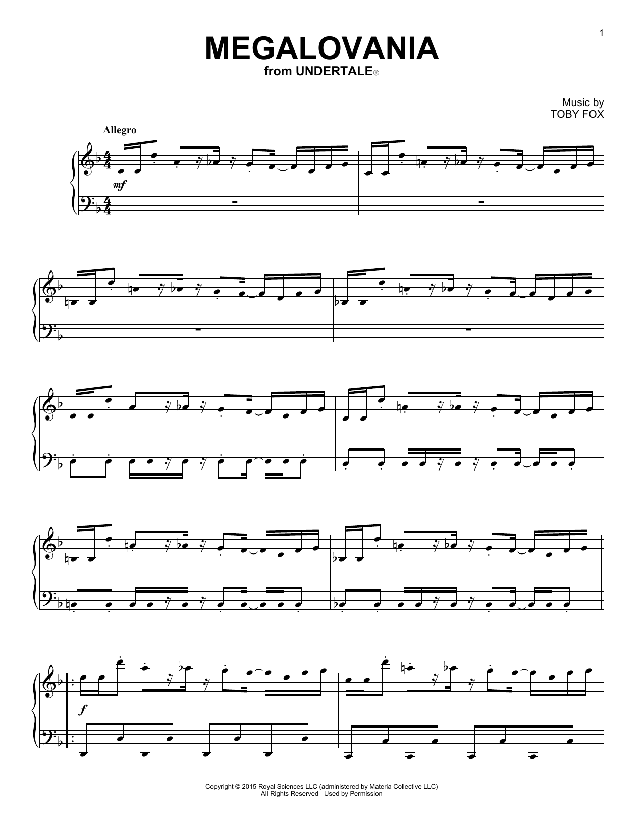Toby Fox Megalovania (from Undertale) sheet music notes and chords arranged for Piano Solo