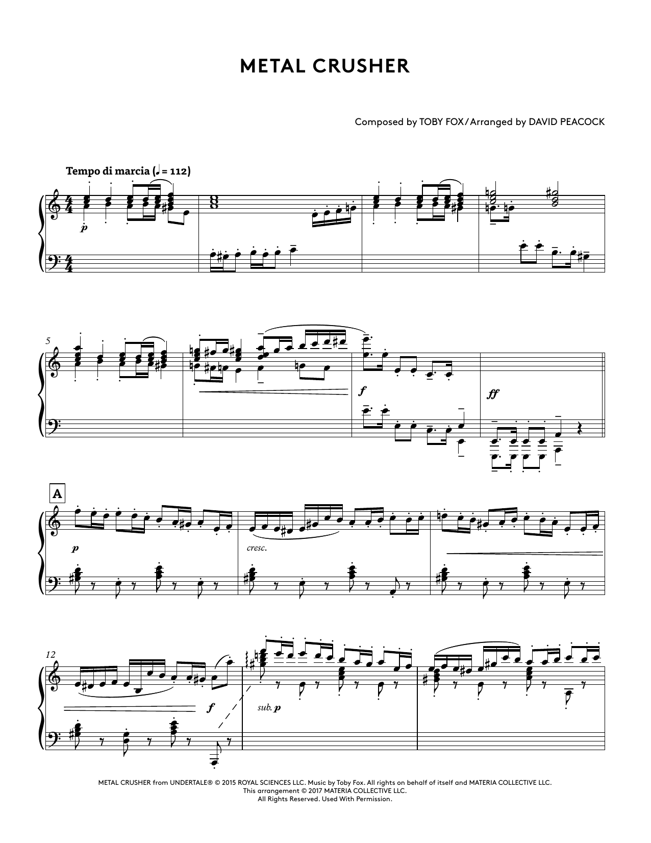 Toby Fox Metal Crusher (from Undertale Piano Collections 2) (arr. David Peacock) sheet music notes and chords arranged for Piano Solo