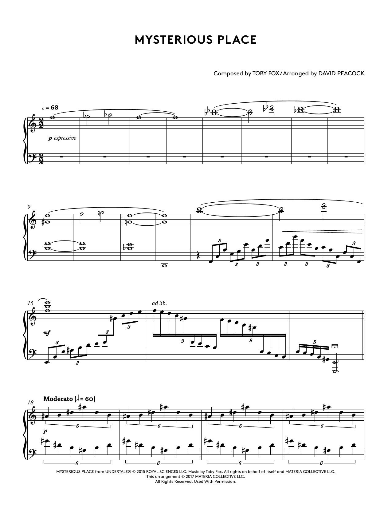 Toby Fox Mysterious Place (from Undertale Piano Collections 2) (arr. David Peacock) sheet music notes and chords arranged for Piano Solo