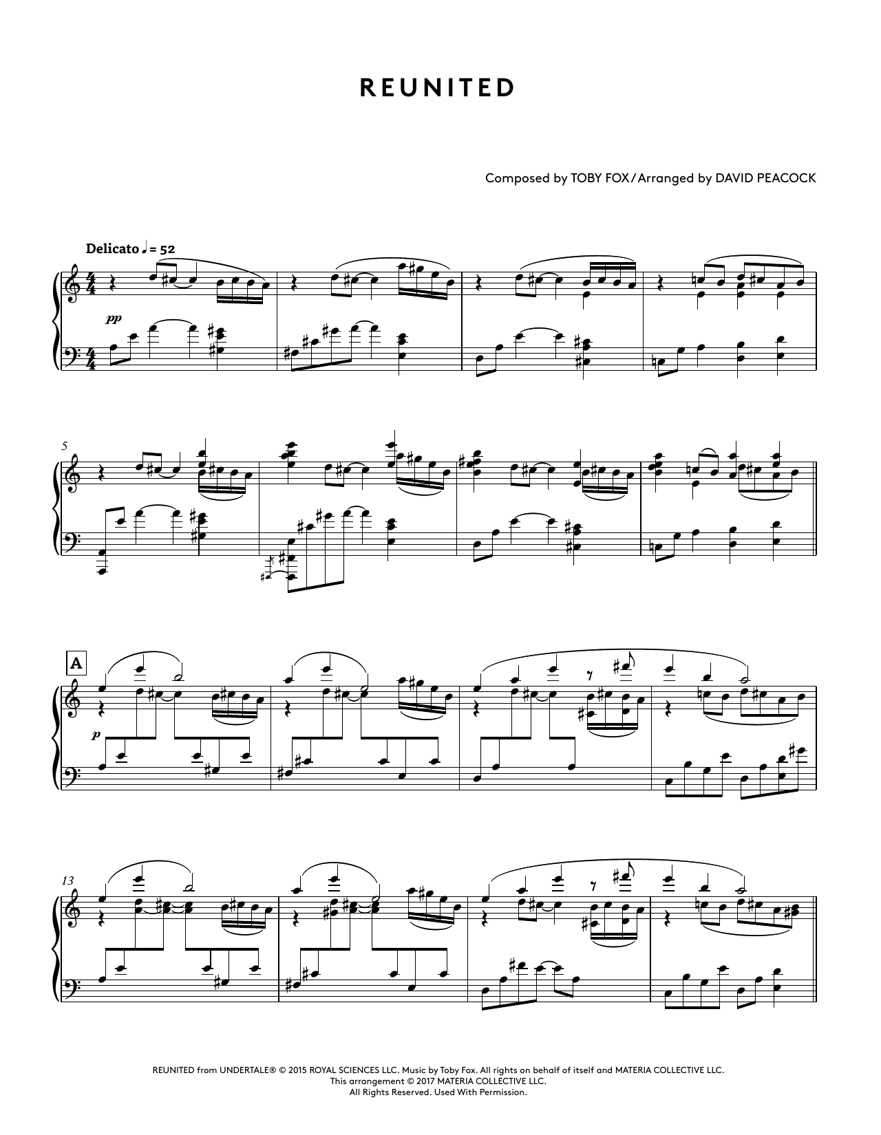 Toby Fox Reunited (from Undertale Piano Collections) (arr. David Peacock) sheet music notes and chords arranged for Piano Solo