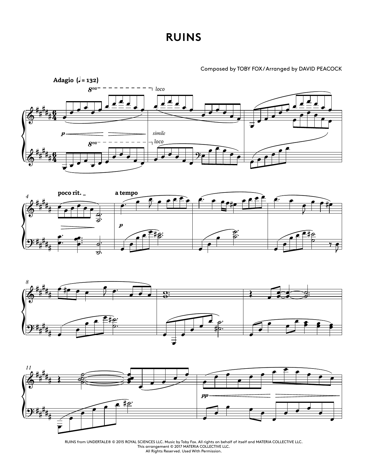 Toby Fox Ruins (from Undertale Piano Collections 2) (arr. David Peacock) sheet music notes and chords arranged for Piano Solo