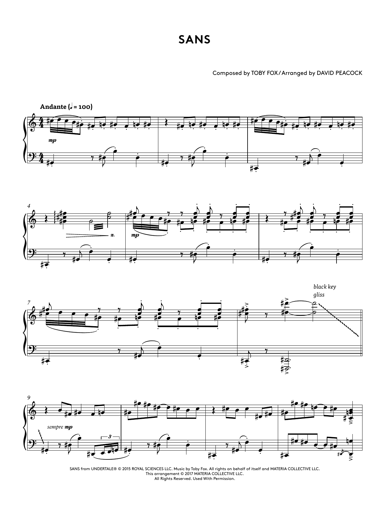 Toby Fox Sans (from Undertale Piano Collections 2) (arr. David Peacock) sheet music notes and chords arranged for Piano Solo