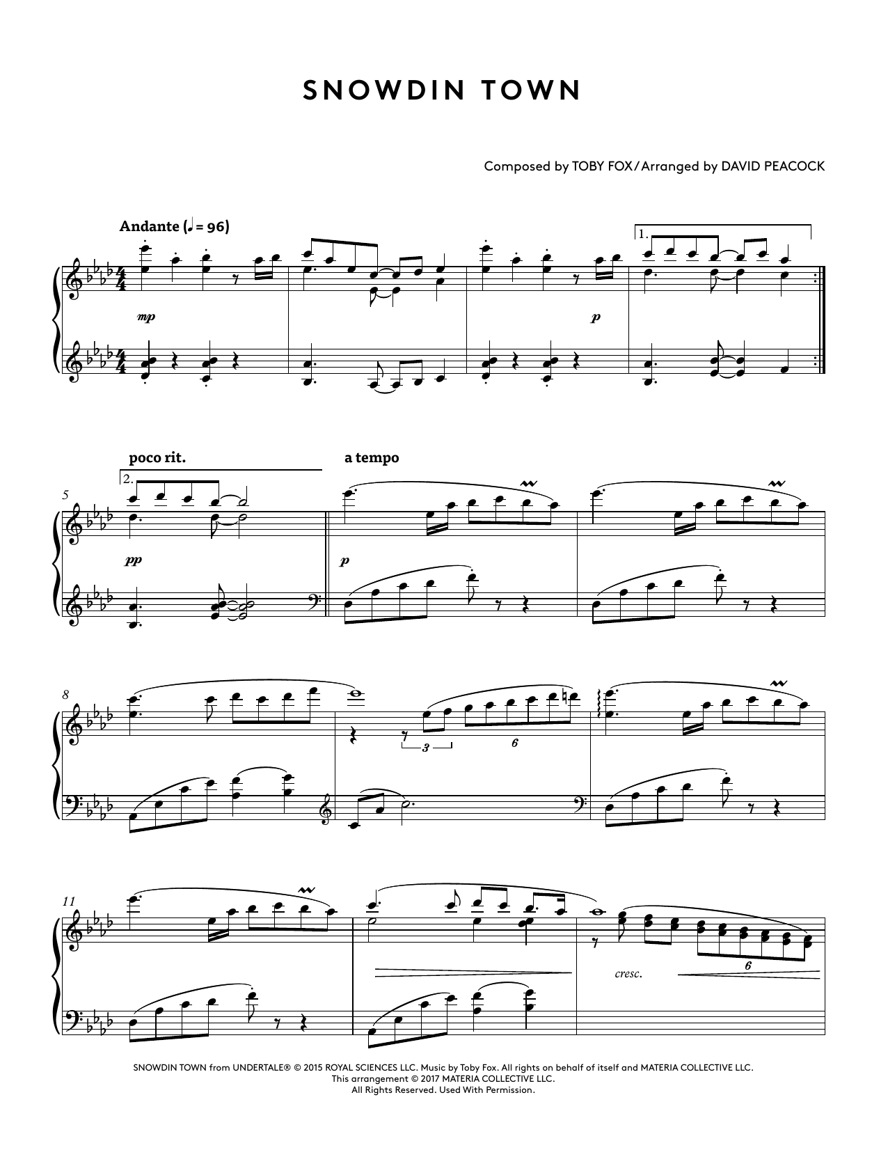 Toby Fox Snowdin Town (from Undertale Piano Collections 2) (arr. David Peacock) sheet music notes and chords arranged for Piano Solo