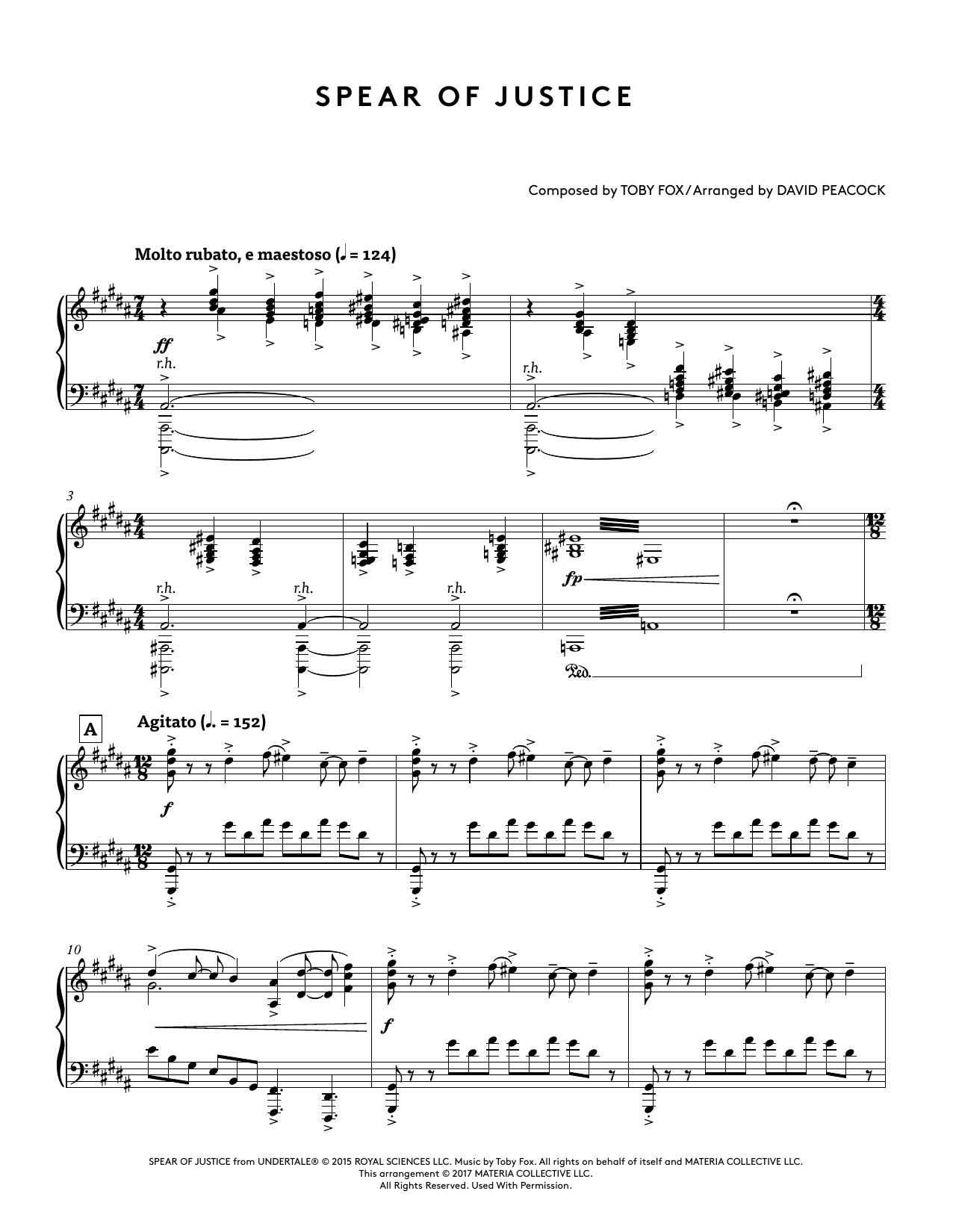 Toby Fox Spear of Justice (from Undertale Piano Collections) (arr. David Peacock) sheet music notes and chords arranged for Piano Solo