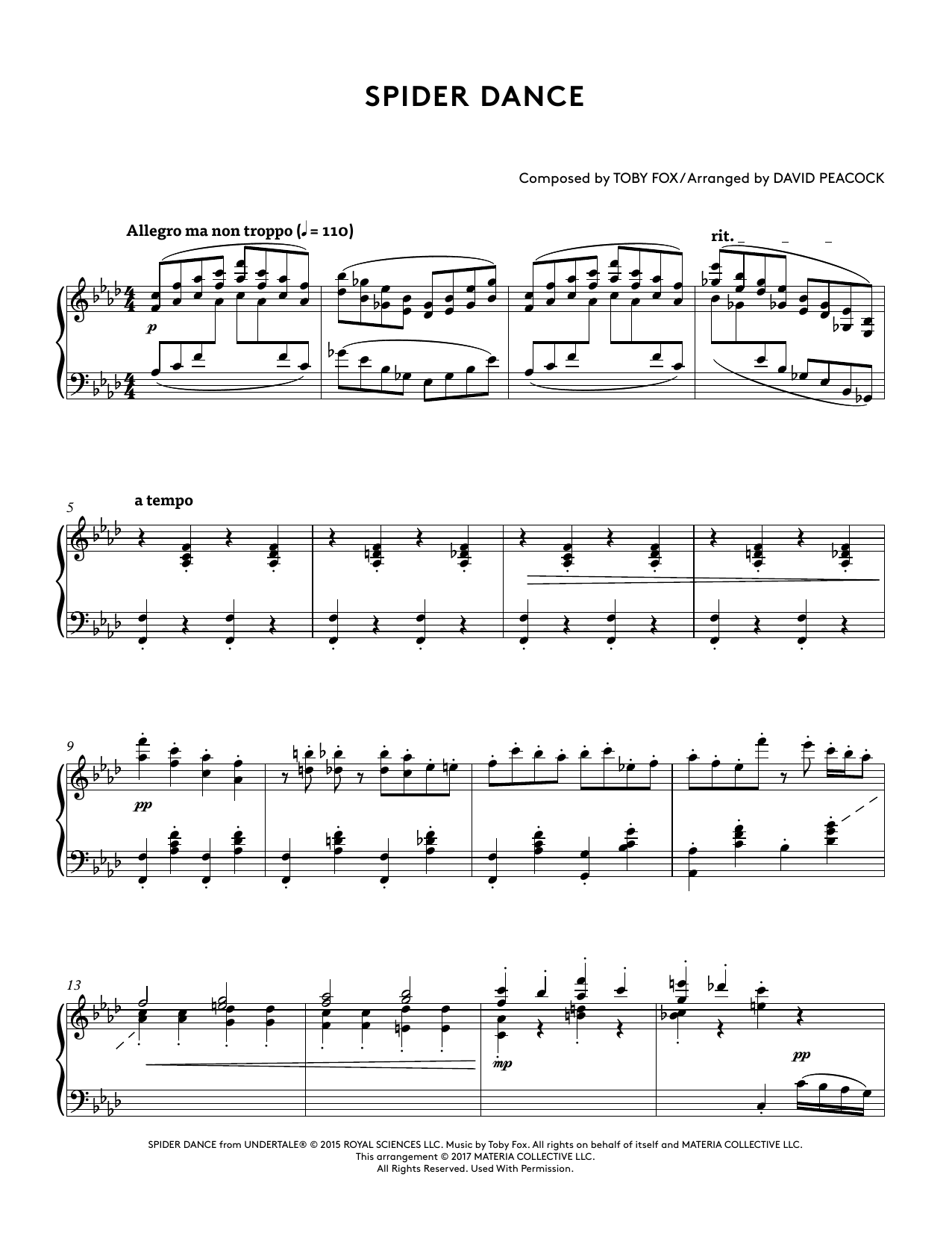 Toby Fox Spider Dance (from Undertale Piano Collections 2) (arr. David Peacock) sheet music notes and chords arranged for Piano Solo