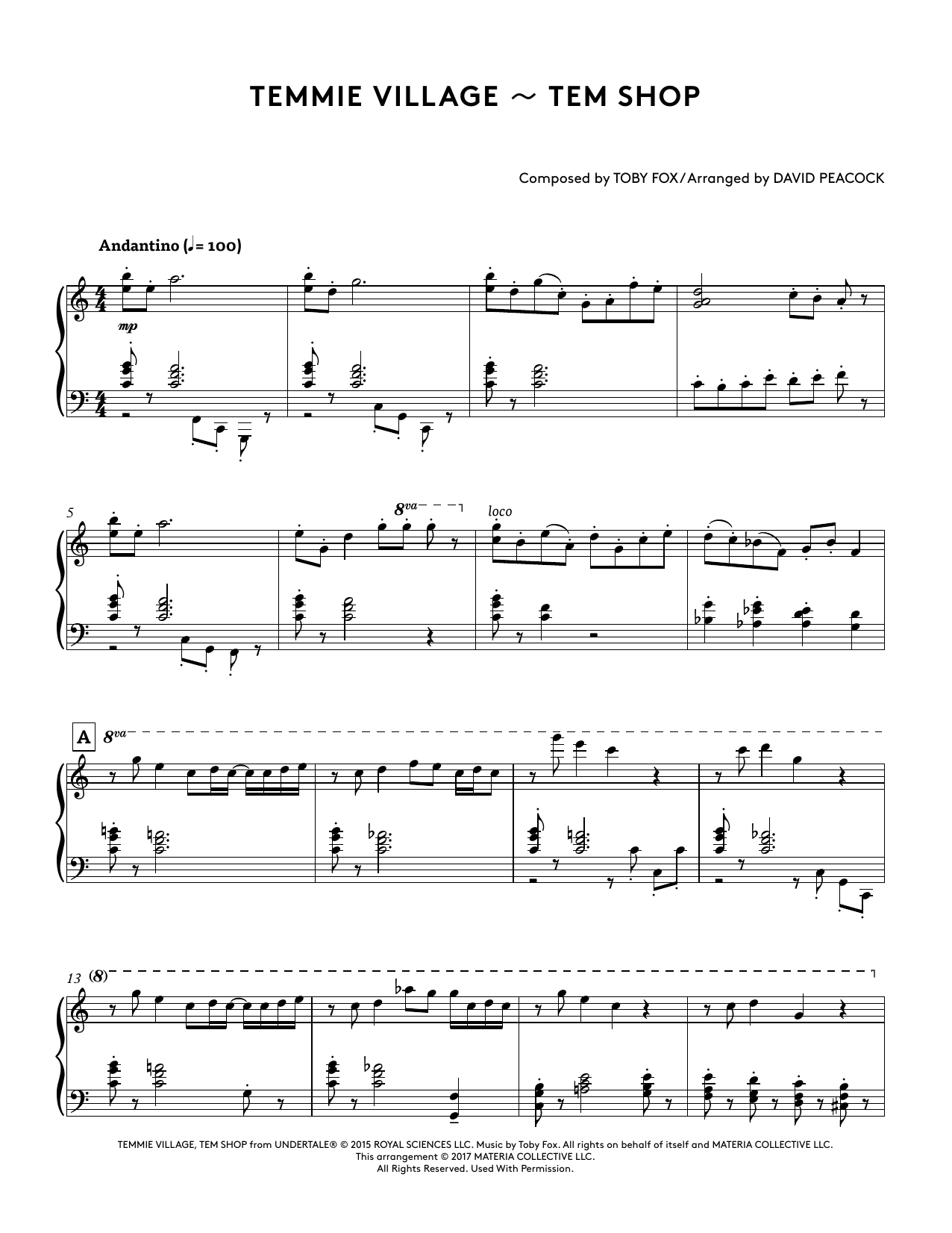 Toby Fox Temmie Village - Tem Shop (from Undertale Piano Collections 2) (arr. David Peacock) sheet music notes and chords arranged for Piano Solo