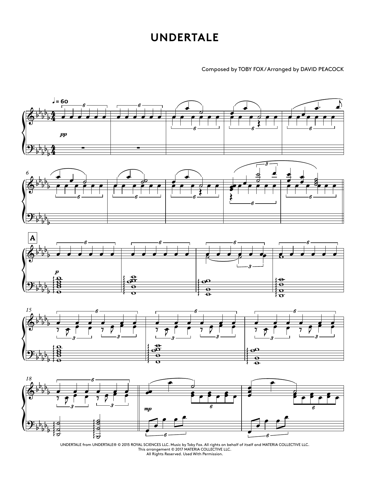 Toby Fox Undertale (from Undertale Piano Collections 2) (arr. David Peacock) sheet music notes and chords arranged for Piano Solo