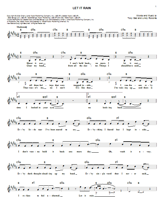 Toby Gad Let It Rain sheet music notes and chords arranged for Lead Sheet / Fake Book