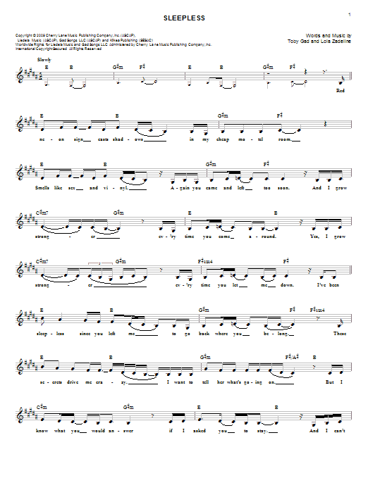 Toby Gad Sleepless sheet music notes and chords arranged for Lead Sheet / Fake Book